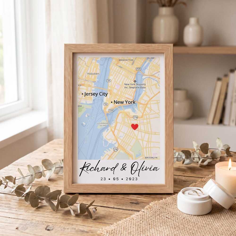 Personalized City Map Print, Custom Location with Heart Pin, Wedding Anniversary